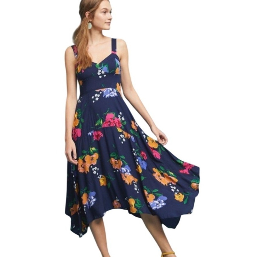 Maeve Vivienne Floral Midi Dress 2 Navy Blue Handkerchief‎ Hem Cottagecore Boho